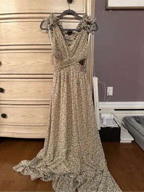 Fate Cream Floral Maxi Dress with Ruffle Shoulders